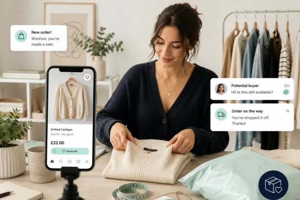 Vinted seller preparing a clothing listing with product photos, buyer messages and order notifications