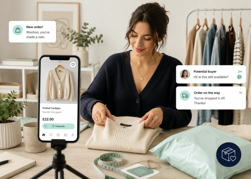 Vinted seller preparing a clothing listing with product photos, buyer messages and order notifications