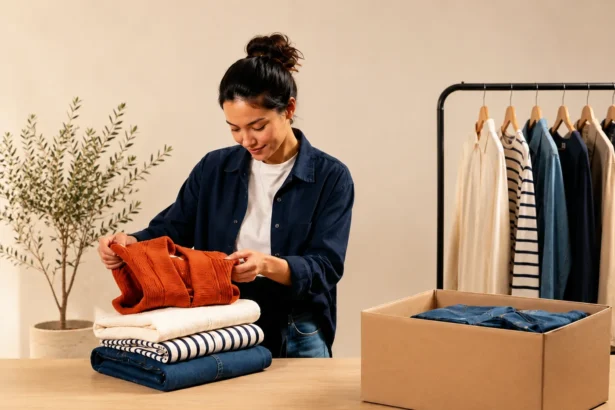 Secondhand clothing business owner sorting used clothes beside a clothing rack and inventory box