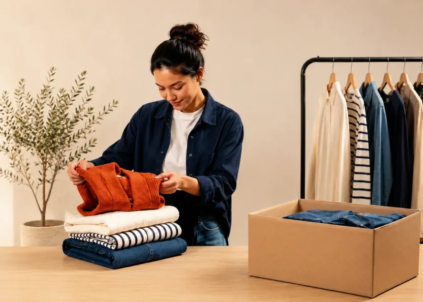 Secondhand clothing business owner sorting used clothes beside a clothing rack and inventory box