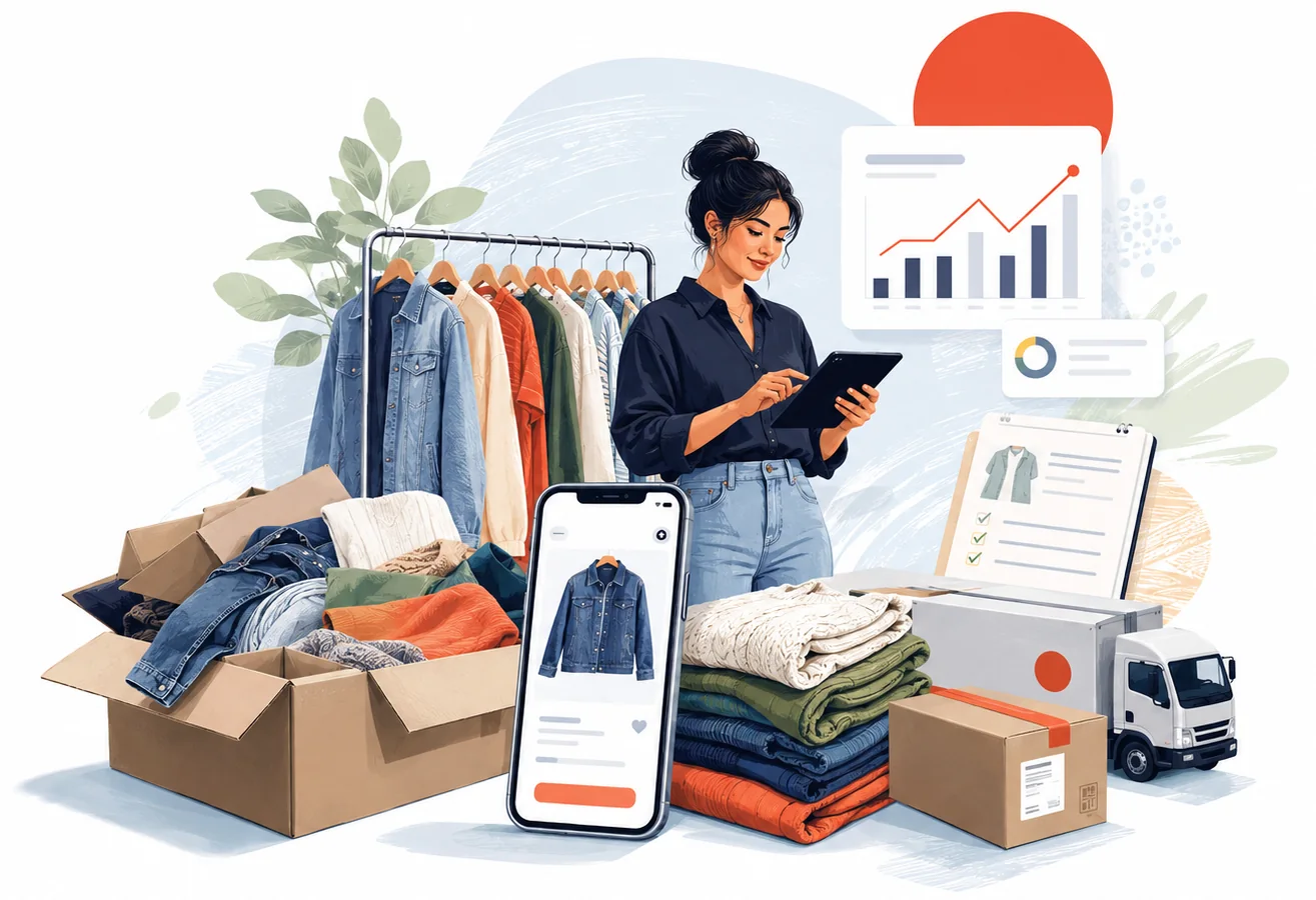 Secondhand clothing business ecosystem with resale, wholesale inventory, online selling and logistics