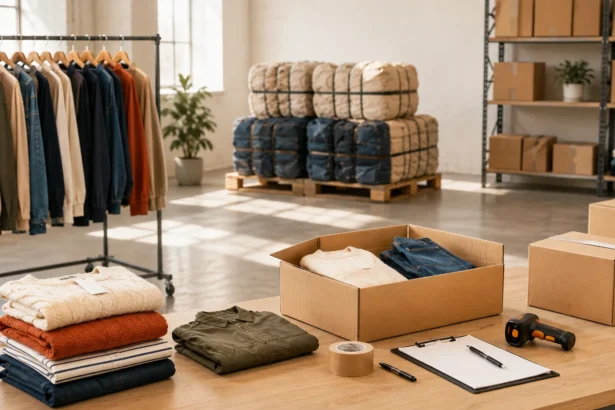 Used clothing wholesale warehouse with sorted garments, boxes and compressed bales