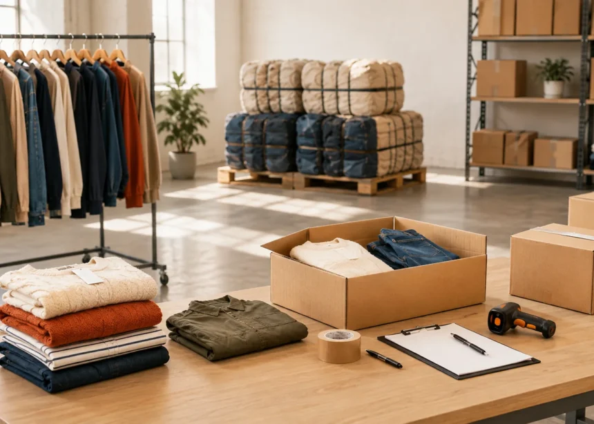 Used clothing wholesale warehouse with sorted garments, boxes and compressed bales